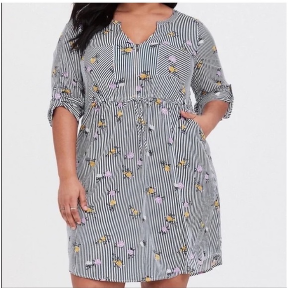 torrid Dresses & Skirts - Torrid Green and White Striped Dress with Pink and Yellow Floral Accents size 2x